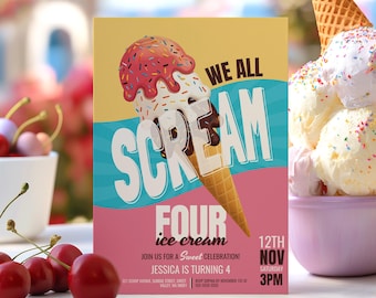 We All Scream Four Ice Cream Invitation Editable Template, 4th Birthday Invite, Instant Digital Download - IC001