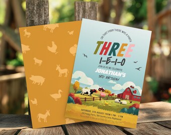 Three I E I O Birthday Boy Invite, Farm Animals Invitation, 3rd Party Celebration, Editable Template, Instant Digital Download - FA001