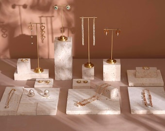 Yellow Travertine Jewelry Display Set: Brass Earring & Ring Organizer