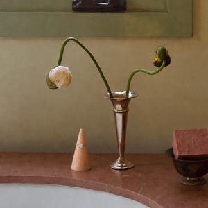Könnte beinhalten: Eine silberne Blumenvase mit zwei hängenden Blumenstielen, ein beigefarbener konischer Ringhalter mit einem dünnen Goldring mit kleinem Stein und ein quadratisches terrakottafarbenes Seifenstück in einer kleinen dunklen Metallschale.
