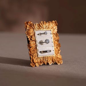 Könnte beinhalten: Ein goldfarbener, verzierter Bilderrahmen mit drei Diamantringen. Der Rahmen hat ein detailliertes, florales Design und einen cremefarbenen Innenraum. Die Ringe liegen auf einer weichen, hellen Oberfläche.