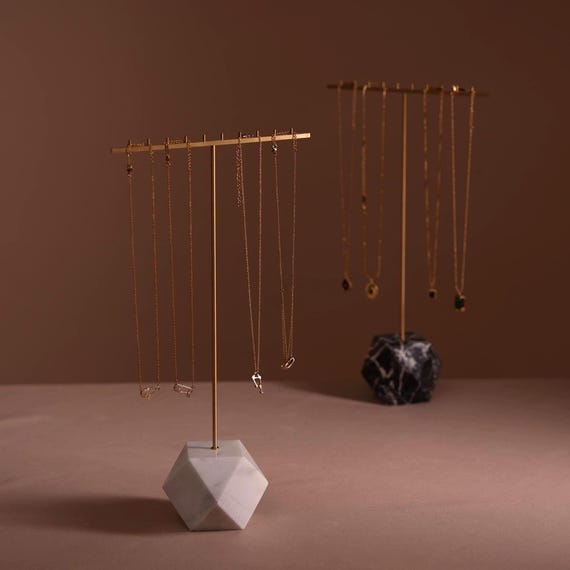 Marble Necklace Stand with Brass T Bar - Modern Jewelry Display Rack Organizer