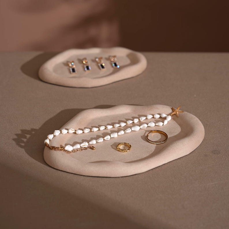 Cloud Suede Jewelry Dish: Ring, Bracelet, Earring Display Tray Prop Beige