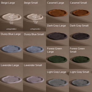 May include: A collection of small, oval-shaped trays in various colors, including beige, caramel, dark gray, dusty blue, forest green, lavender, and light gray. The trays come in two sizes, with the larger ones measuring approximately 9.45 inches in diameter.