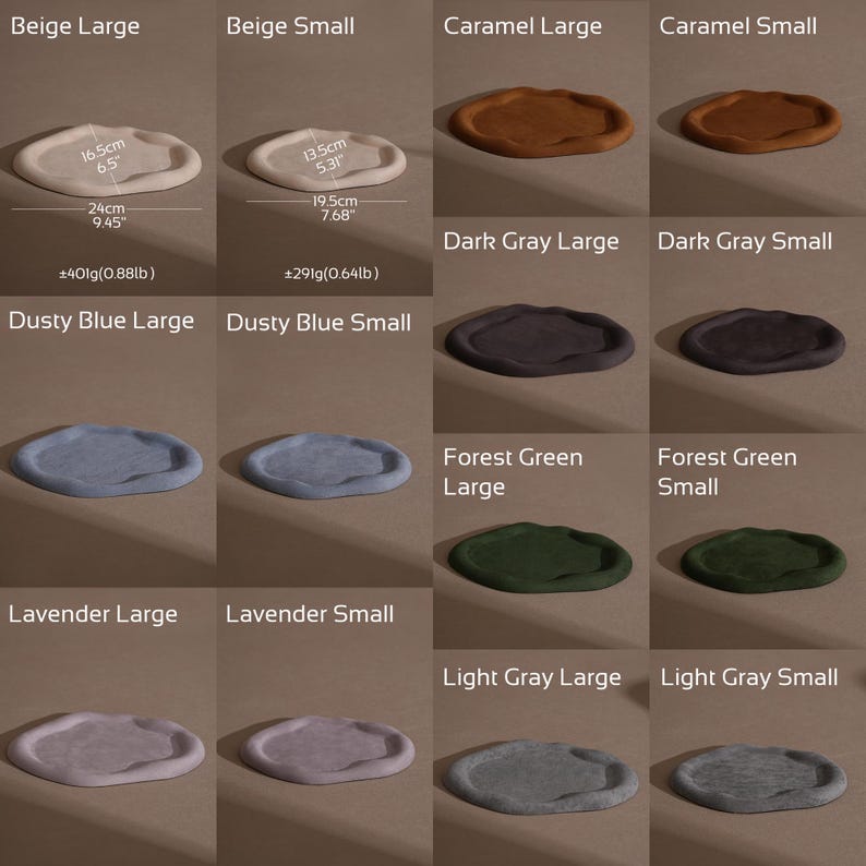May include: A collection of small, oval-shaped trays in various colors, including beige, caramel, dark gray, dusty blue, forest green, lavender, and light gray. The trays come in two sizes, with the larger ones measuring approximately 9.45 inches in diameter.
