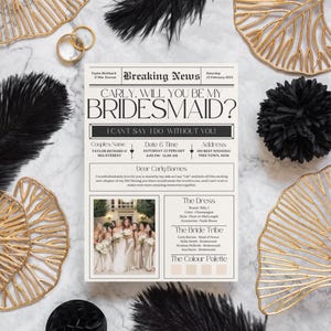Bridesmaid Newspaper Proposal, Bridesmaid  Card, Bridesmaid info card template,  Will You Be My Bridesmaid, Editable Template