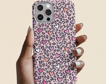 Pink Leopard Print Hearts Snap Case, Pink Hearts Slim Case for iPhone 16 15 14 13 12 Pro Max Samsung Galaxy s24 s23 s22 Google Pixel
