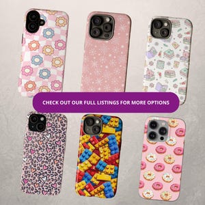 May include: Six different phone cases with various patterns. The cases are all pink with different designs, including flowers, snowflakes, books, hearts, LEGO bricks, and donuts.