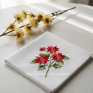 Custom Poinsettia Flowers Hand Embroidered Handkerchiefs Personalized Linen Embroidered Hankie For Bridesmaid Wedding Hankie For Bride