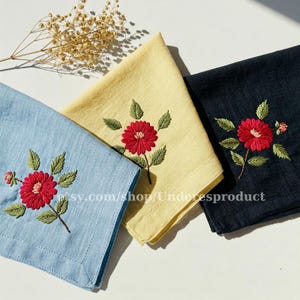 Custom Dahlia Flower Hand Embroidered Handkerchiefs Personalized Linen Embroidered Hankie For Bridesmaid Wedding Hankie For Bride