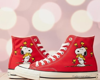 1970er Jahre Karikatur Hund HandgestickteConverse Sneakers Chuck Taylor High Tops Schuhe