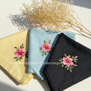 Custom Hibiscus Flower Hand Embroidered Handkerchiefs Personalized Linen Embroidered Hankie For Bridesmaid Wedding Hankie For Bride