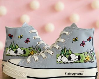 Cartoon Hund Sommer Garten Hand gestickt Converse Schmetterling und Blume Chuck Taylor 1970er Jahre Urlaub Geschenk Schuhe für sie