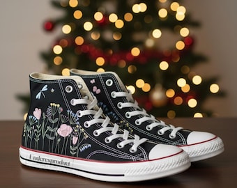 Dragonfly and Flower Hand-Embroidered Converse Garden Vibes Chuck Taylor 1970s High Tops Sneakers