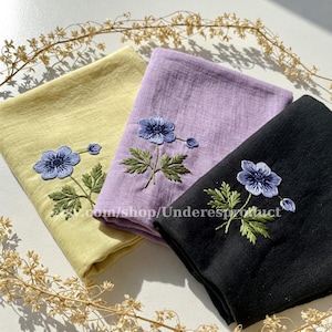 Custom Anemone Flower Hand Embroidered Handkerchiefs Personalized Linen Embroidered Hankie For Bridesmaid Wedding Hankie For Bride