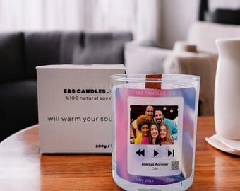 Personalized scented music photo soy candle. The perfect gift for her and him. A gift for Christmas, Valentine's Day, Birthdays, or any.