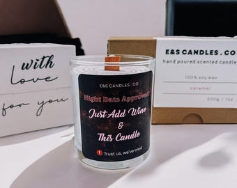 A scented candle with romantic sticker 'Night Date Approved. Just Add Wine & Candle'. The perfect gift for loved ones, for her and for him.
