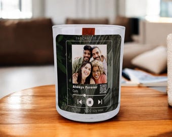 Personalized scented music photo soy candle. The perfect gift for her and him. A gift for Christmas, Valentine's Day, Birthdays, or any.