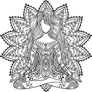 May include: A black and white line drawing of a person sitting in a lotus position with long flowing hair. The person is surrounded by a mandala design.