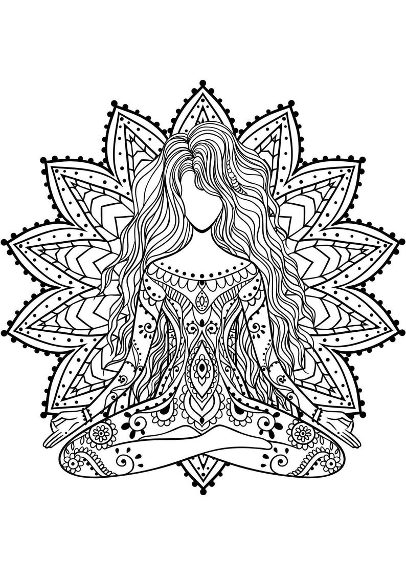 May include: A black and white line drawing of a person sitting in a lotus position with long flowing hair. The person is surrounded by a mandala design.