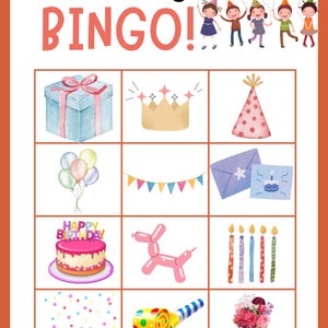 Op de afbeelding: Een kleurrijk verjaardagsbingospel met illustraties van cadeaus, kronen, ballonnen en een taart. De titel "Geburtstags BINGO!" staat bovenaan, met cartoonkinderen die ballonnen vasthouden. Het spelbord heeft een oranje rand.