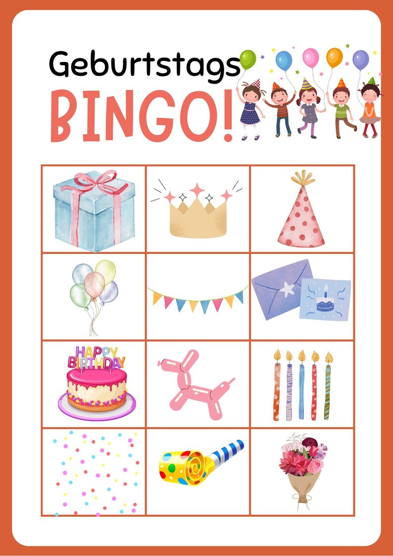 Op de afbeelding: Een kleurrijk verjaardagsbingospel met illustraties van cadeaus, kronen, ballonnen en een taart. De titel "Geburtstags BINGO!" staat bovenaan, met cartoonkinderen die ballonnen vasthouden. Het spelbord heeft een oranje rand.