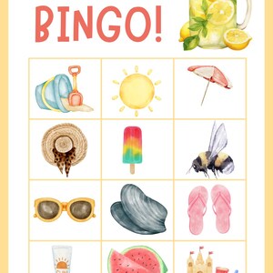 Op de afbeelding: Zomer Bingo-spelkaart met aquarel illustraties van zomerse items. Bevat een pot limonade, strandspeelgoed, een zon, een parasol, een strohoed, een ijsje, een bij, een zonnebril, schelpen, slippers, zonnebrandcr&egrave;me, watermeloen en een zandkasteel. De titel luidt "Sommer BINGO!"