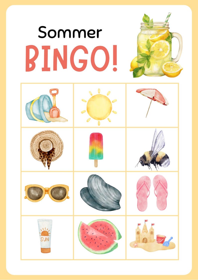 Op de afbeelding: Zomer Bingo-spelkaart met aquarel illustraties van zomerse items. Bevat een pot limonade, strandspeelgoed, een zon, een parasol, een strohoed, een ijsje, een bij, een zonnebril, schelpen, slippers, zonnebrandcr&egrave;me, watermeloen en een zandkasteel. De titel luidt "Sommer BINGO!"