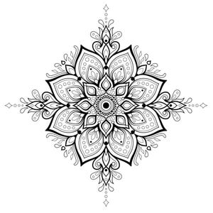 May include: A black and white mandala design with intricate details and a floral pattern.