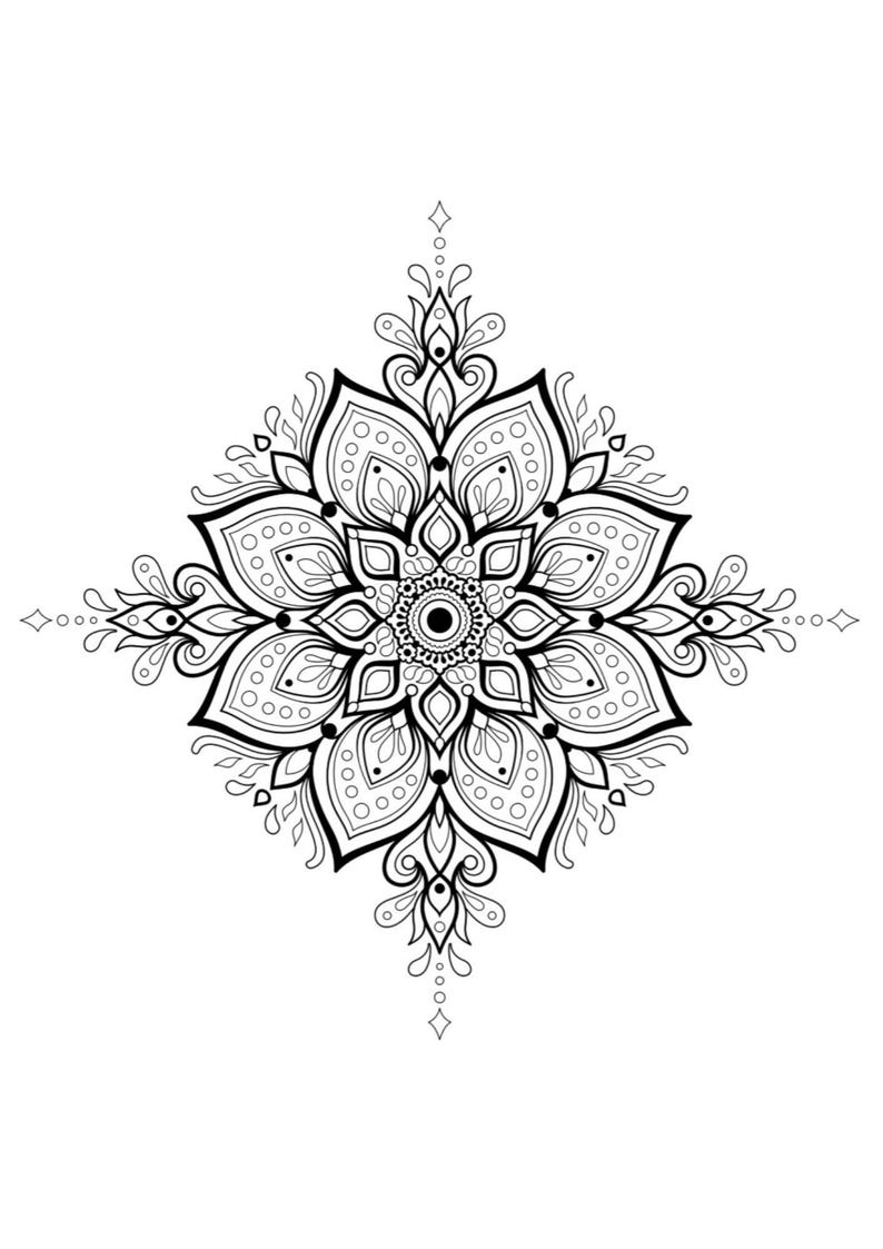 May include: A black and white mandala design with intricate details and a floral pattern.