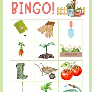 Op de afbeelding: Een aquarel illustratie van een bingo spel met een tuin thema. De kaart toont afbeeldingen van tuingereedschap, groenten en planten. De titel "Garten BINGO!" staat bovenaan. Een vogelhuisje en bloemen zijn ook afgebeeld.
