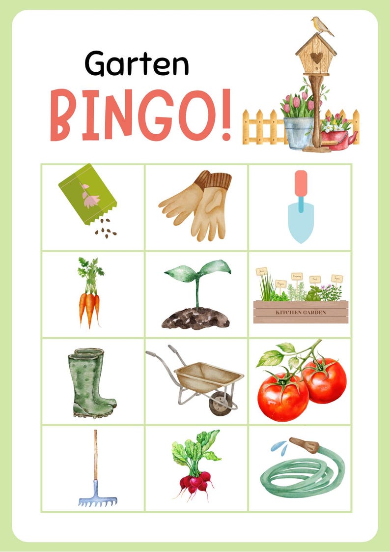 Op de afbeelding: Een aquarel illustratie van een bingo spel met een tuin thema. De kaart toont afbeeldingen van tuingereedschap, groenten en planten. De titel "Garten BINGO!" staat bovenaan. Een vogelhuisje en bloemen zijn ook afgebeeld.