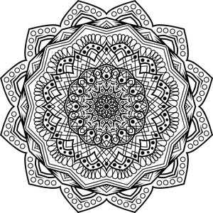 May include: A black and white mandala design with intricate details and a circular pattern.