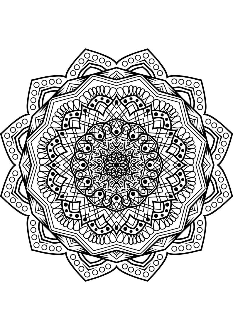 May include: A black and white mandala design with intricate details and a circular pattern.