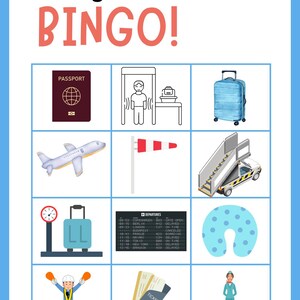 Op de afbeelding: Een kleurrijke bingokaart met de woorden "Flughafen BINGO!" bovenaan. De kaart bevat illustraties van reisgerelateerde items zoals een paspoort, bagage, een vliegtuig en een vertrekbord. Een leuk spel voor reisliefhebbers.