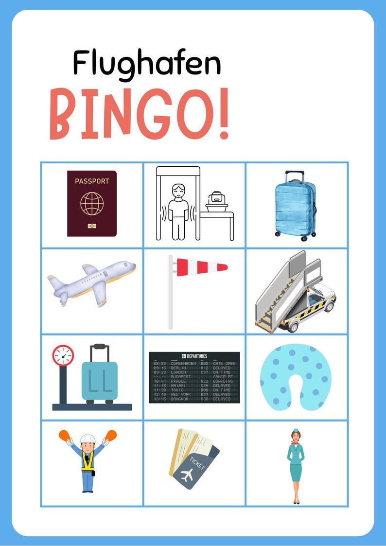 Op de afbeelding: Een kleurrijke bingokaart met de woorden "Flughafen BINGO!" bovenaan. De kaart bevat illustraties van reisgerelateerde items zoals een paspoort, bagage, een vliegtuig en een vertrekbord. Een leuk spel voor reisliefhebbers.