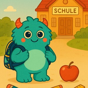 May include: A green monster with horns and a backpack is standing in front of a yellow school building with the word "SCHULE" on it. The monster is holding a red apple, a yellow pencil, and a blue pencil. There is also a yellow ruler on the ground.