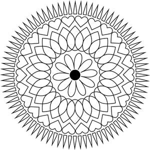 May include: Black and white mandala design with a flower in the center and a repeating pattern of hearts and petals.