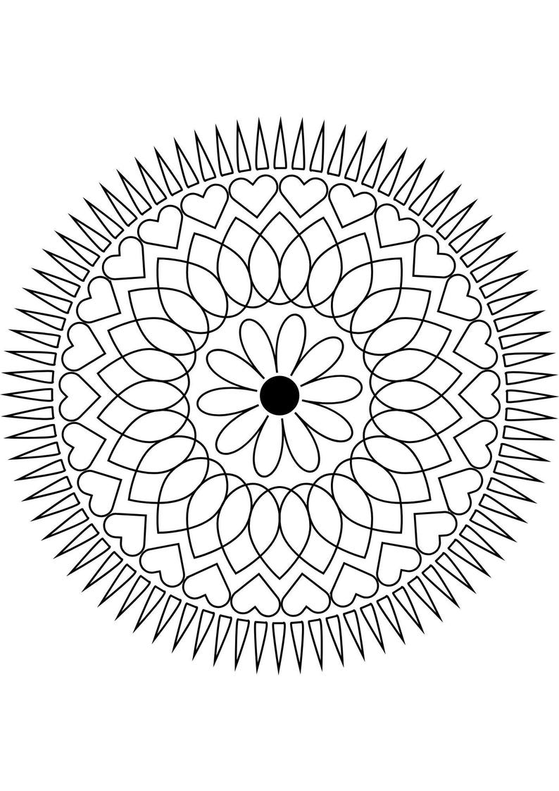 May include: Black and white mandala design with a flower in the center and a repeating pattern of hearts and petals.