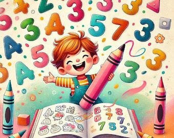 May include: A colorful illustration of a child holding a large pink crayon, surrounded by numbers. The child is smiling and wearing a blue and yellow striped shirt. The numbers are scattered around the child, and there is a book open in front of the child with more numbers on it.