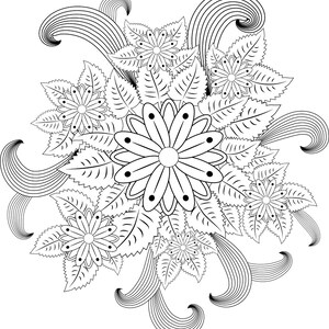 May include: A black and white line drawing of a floral bouquet with intricate details. The bouquet features several flowers with multiple petals and leaves. The flowers are arranged in a circular pattern, creating a sense of symmetry and balance.