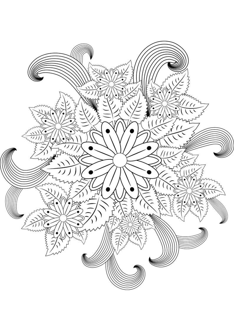 May include: A black and white line drawing of a floral bouquet with intricate details. The bouquet features several flowers with multiple petals and leaves. The flowers are arranged in a circular pattern, creating a sense of symmetry and balance.