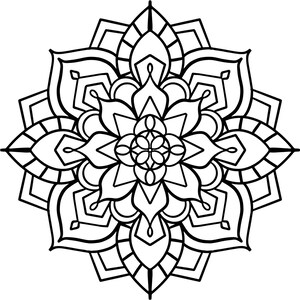 May include: A black and white mandala design with intricate details and a floral pattern.