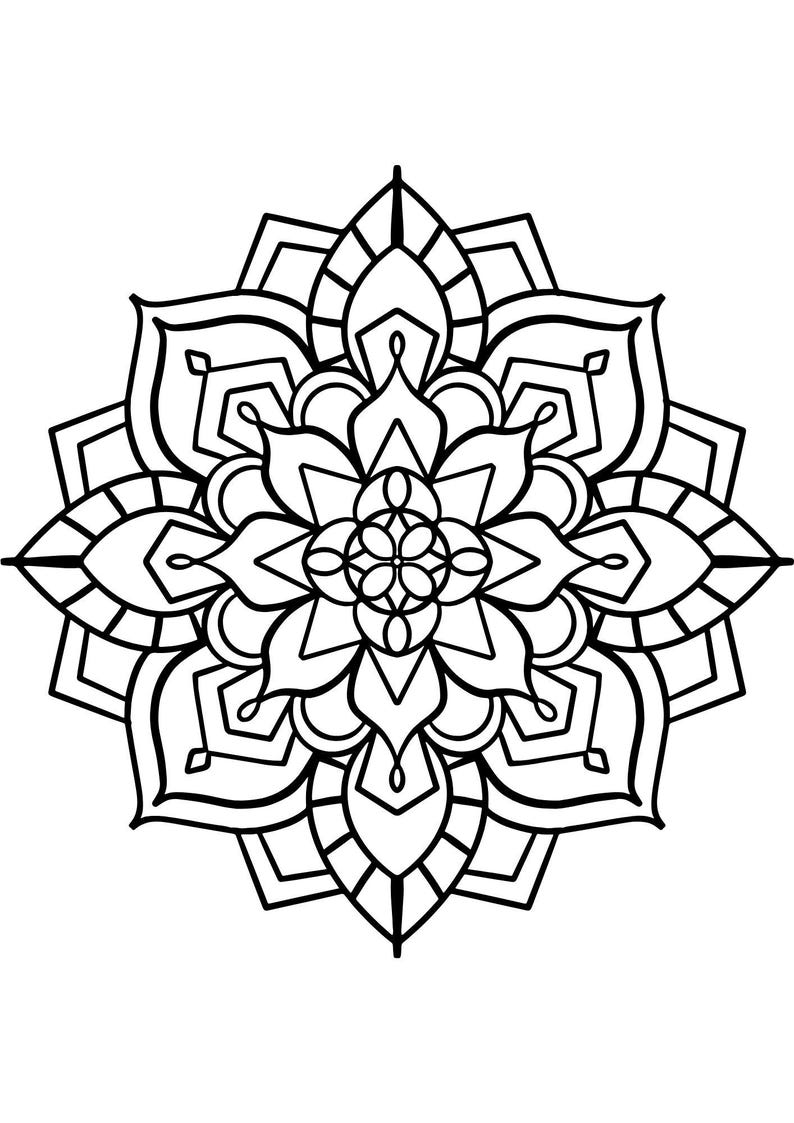 May include: A black and white mandala design with intricate details and a floral pattern.