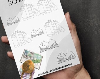 Puede incluir: Una ilustración en blanco y negro de una pila de libros con el texto "Bücherwurm" en la parte superior. La ilustración se repite varias veces sobre un fondo blanco. El texto "Spare pro gelesenes Buch 10c" está en la parte inferior de la imagen.