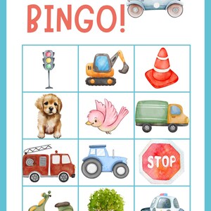 Op de afbeelding: Waterverfillustratie van een "Auto Bingo" spel. Het spelbord bevat afbeeldingen van een verkeerslicht, een graafmachine, een puppy, een vogel, een vrachtwagen, een brandweerwagen, een tractor, een stopbord, een scooter, een boom en een politieauto.