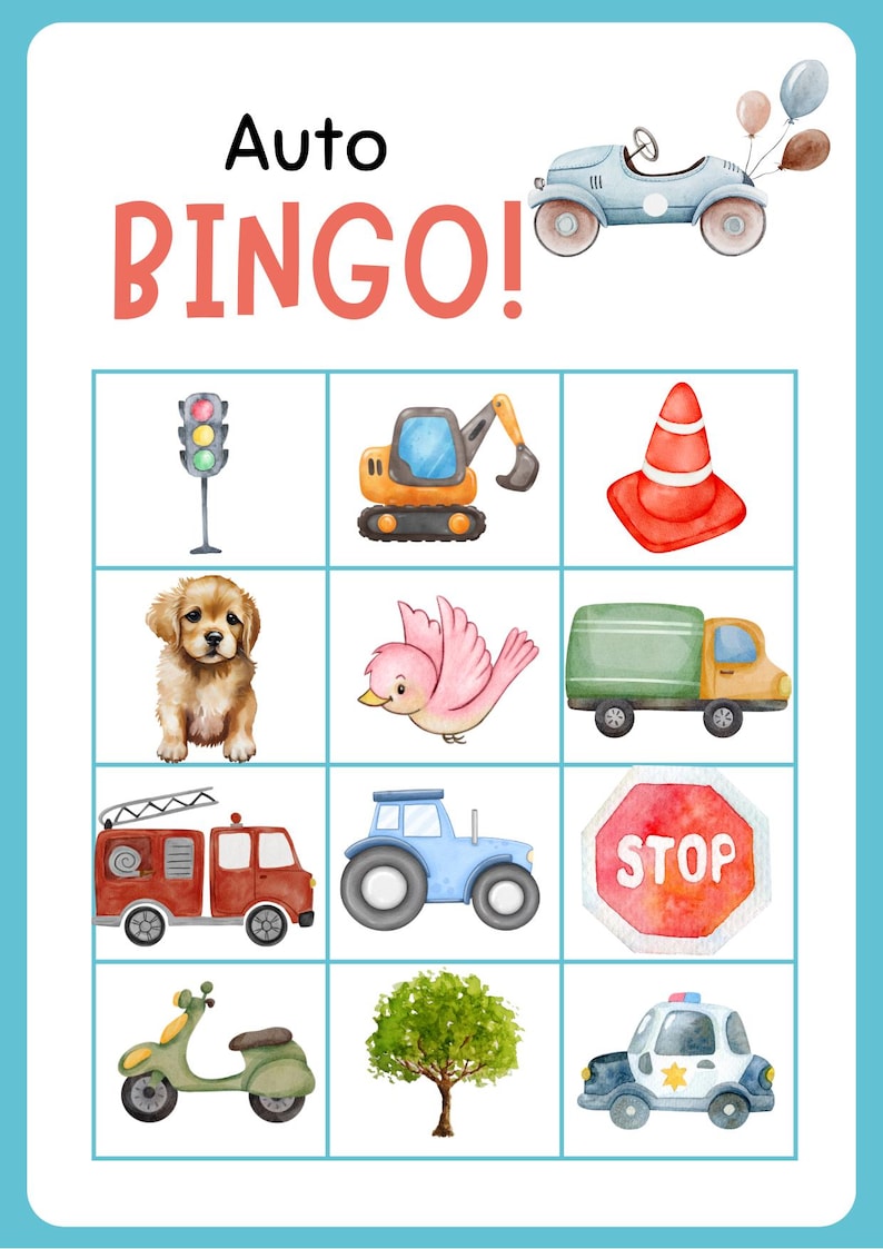 Op de afbeelding: Waterverfillustratie van een "Auto Bingo" spel. Het spelbord bevat afbeeldingen van een verkeerslicht, een graafmachine, een puppy, een vogel, een vrachtwagen, een brandweerwagen, een tractor, een stopbord, een scooter, een boom en een politieauto.