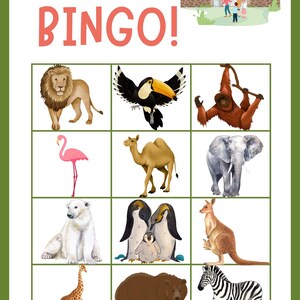 Op de afbeelding: Zoo Bingo-spelkaart met illustraties van dieren zoals een leeuw, toekan, orang-oetan, flamingo, kameel, olifant, ijsbeer, pingu&iuml;ns, kangoeroe, giraffe, beer en zebra. De woorden "Zoo" en "BINGO!" worden weergegeven.