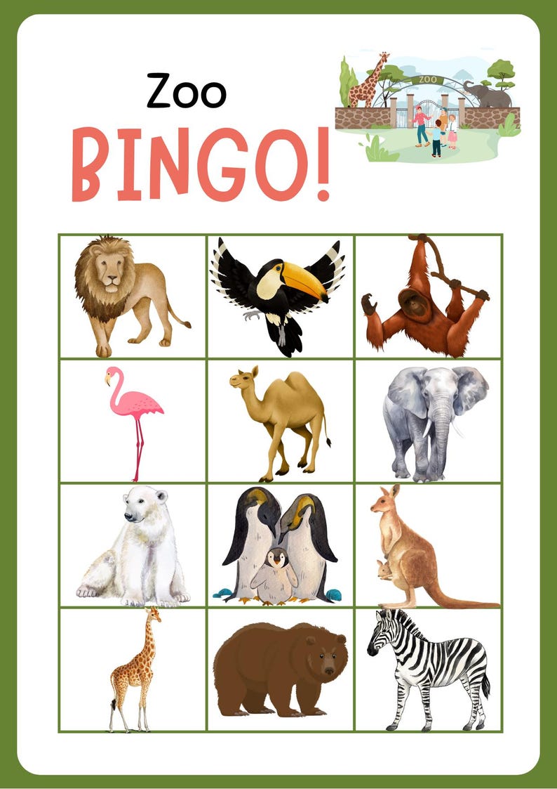 Op de afbeelding: Zoo Bingo-spelkaart met illustraties van dieren zoals een leeuw, toekan, orang-oetan, flamingo, kameel, olifant, ijsbeer, pingu&iuml;ns, kangoeroe, giraffe, beer en zebra. De woorden "Zoo" en "BINGO!" worden weergegeven.