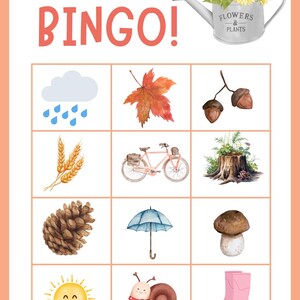 Op de afbeelding: Een bingokaart in aquarel met het woord "Herbst BINGO!" bovenaan. De kaart bevat illustraties van herfstthema's zoals een esdoornblad, eikels, een fiets, een paddenstoel en een lachende zon. Een gieter gevuld met zonnebloemen staat in de rechterbovenhoek.